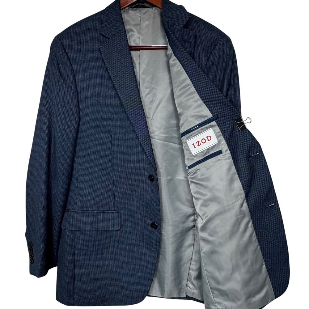IZOD Mens Blue‎ Micro Check Two Button Blazer Sport Coat Jacket 40L